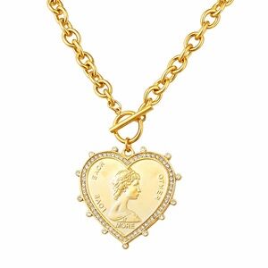 Gold Heart Coin Medallion Pendant Necklace - Women Jewelry
